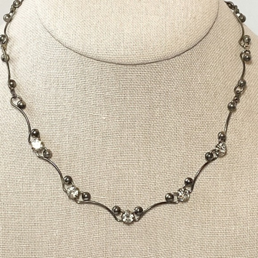 Vintage Rhinestone Necklace Mid Century West Germany Dainty‎ Silver Pewter Tone